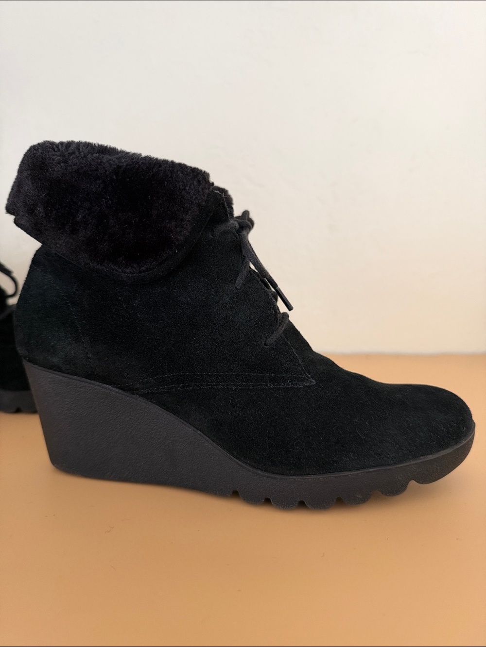 Donald J. Pliner Black Suede Wedge Ankle Boots with Fold-Over faux fur Collar